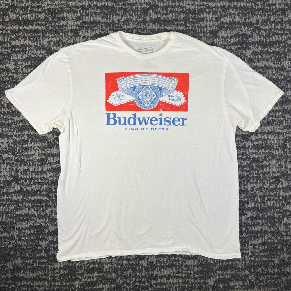 Budweiser T-Shirt Mens XXL White King of Beers Graphic Logo Short Sleeve Tee